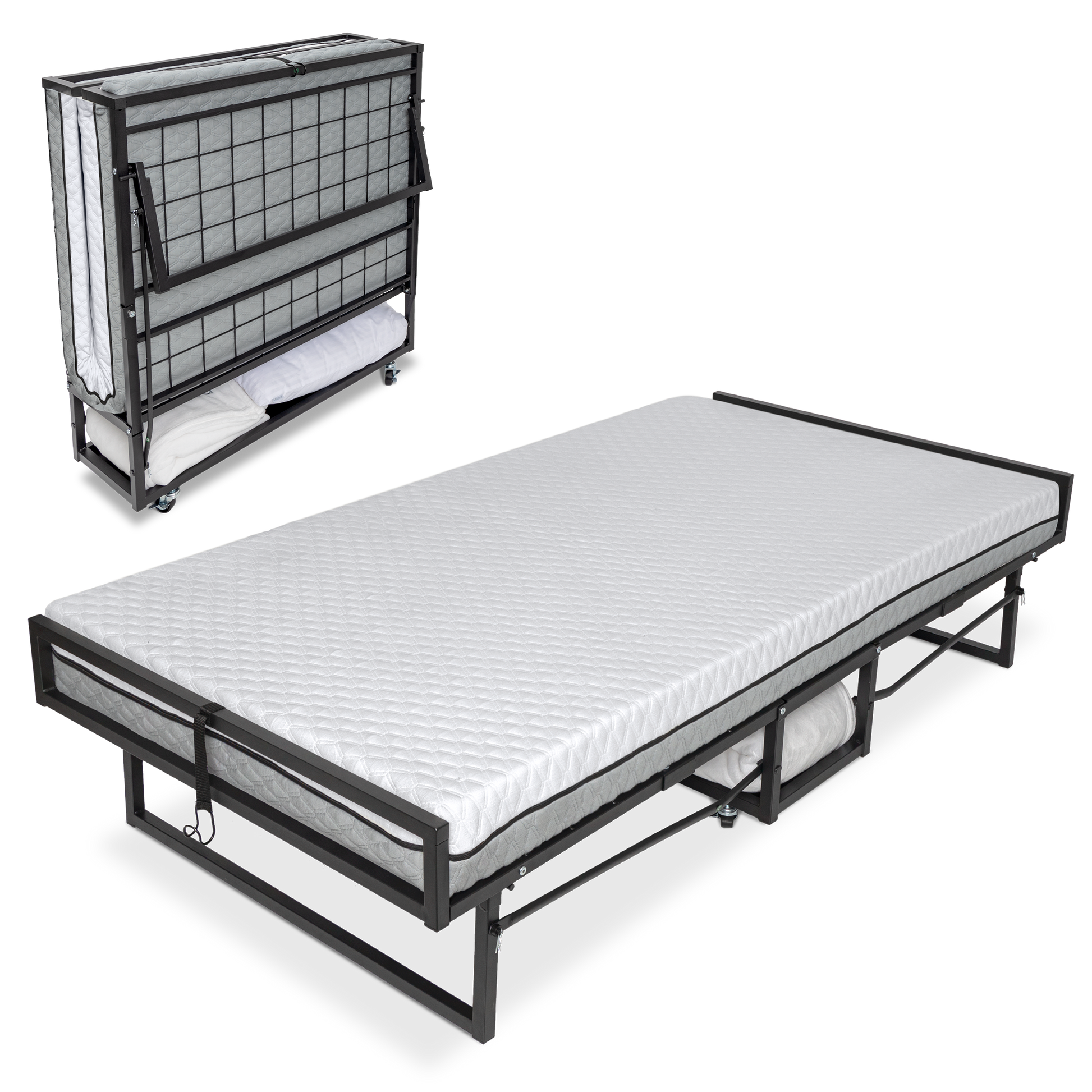 Milliard Deluxe Presidential Folding Bed shown folded for storage and unfolded with mattress