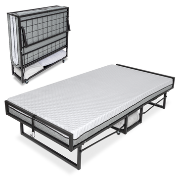 Milliard Deluxe Presidential Folding Bed shown folded for storage and unfolded with mattress