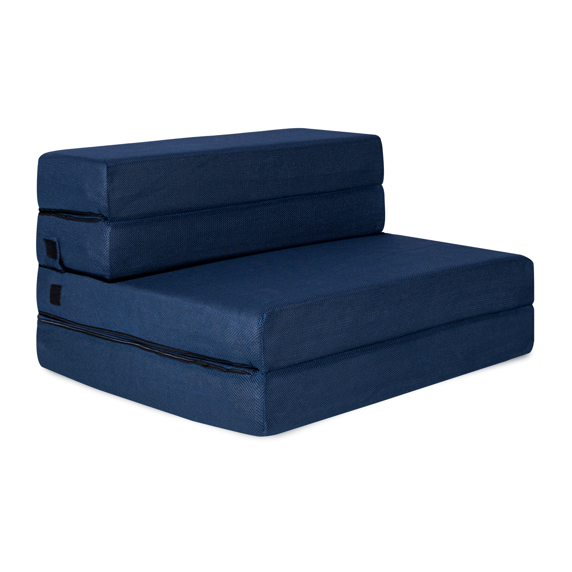 Navy Blue Milliard Tri-Fold Foam Folding Mattress Showing the Folded Structure and the Side Pocket