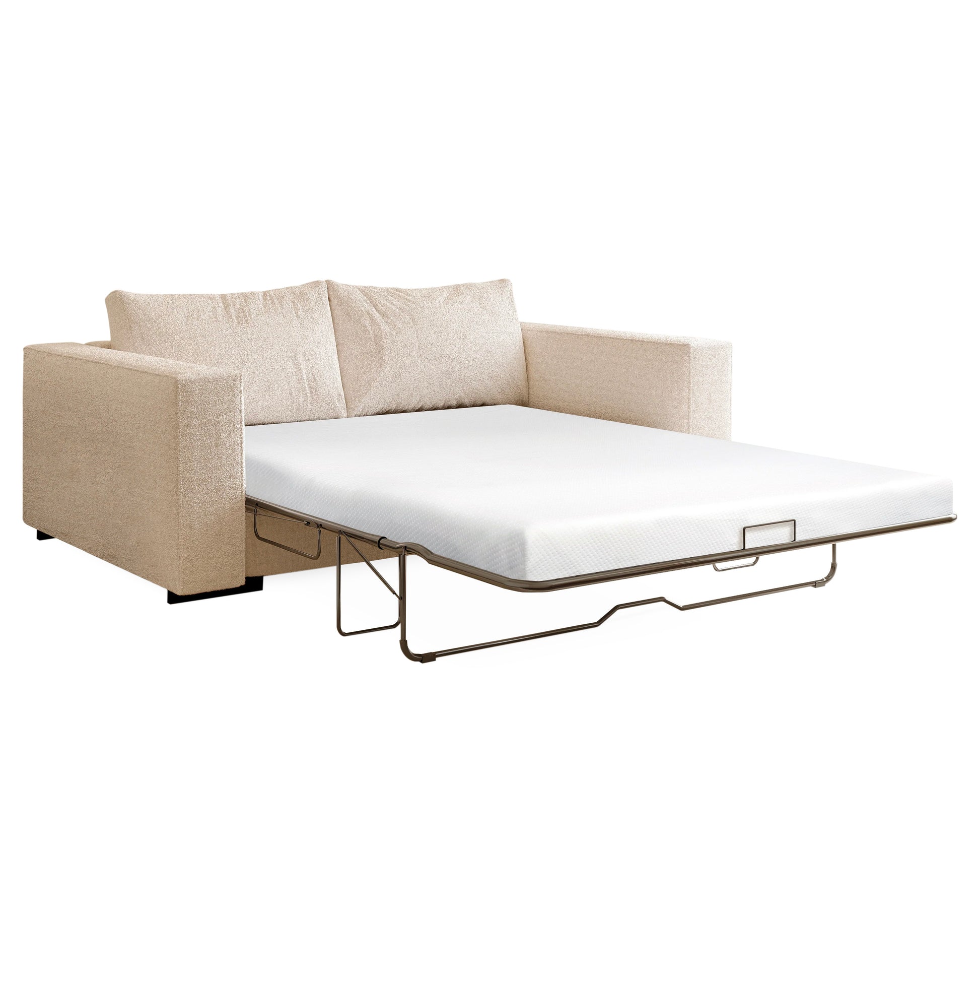 Milliard 4.5-inch premium memory foam replacement mattress on a beige pull-out sleeper sofa
