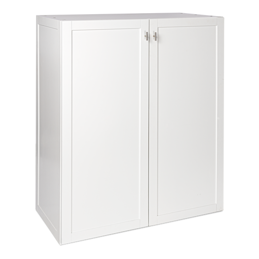 White Wooden Signature Folding Bed Storage Closet Cabinet with two front doors, designed for tucking away a twin folding bed