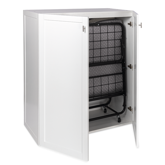 White Signature Folding Bed Storage Closet Cabinet with open doors revealing the folded bed inside