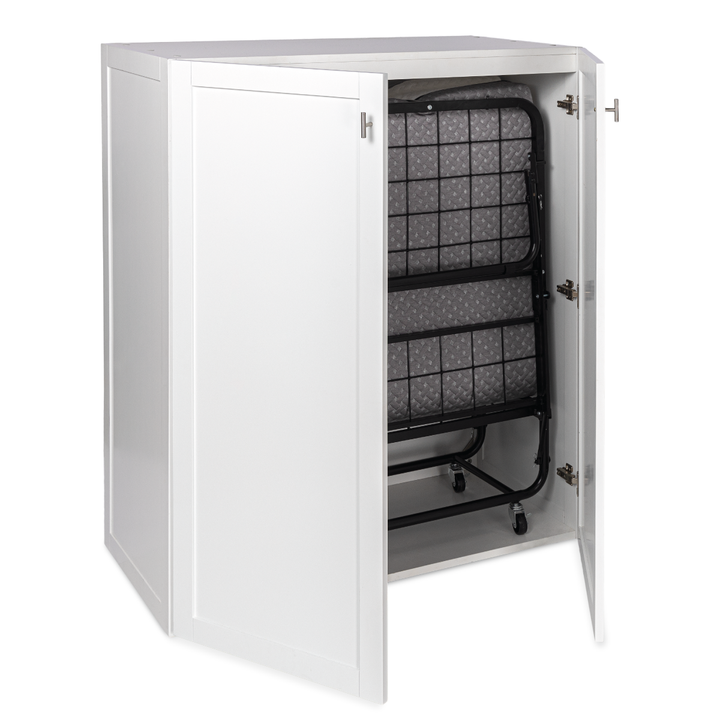 White Signature Folding Bed Storage Closet Cabinet with open doors revealing the folded bed inside