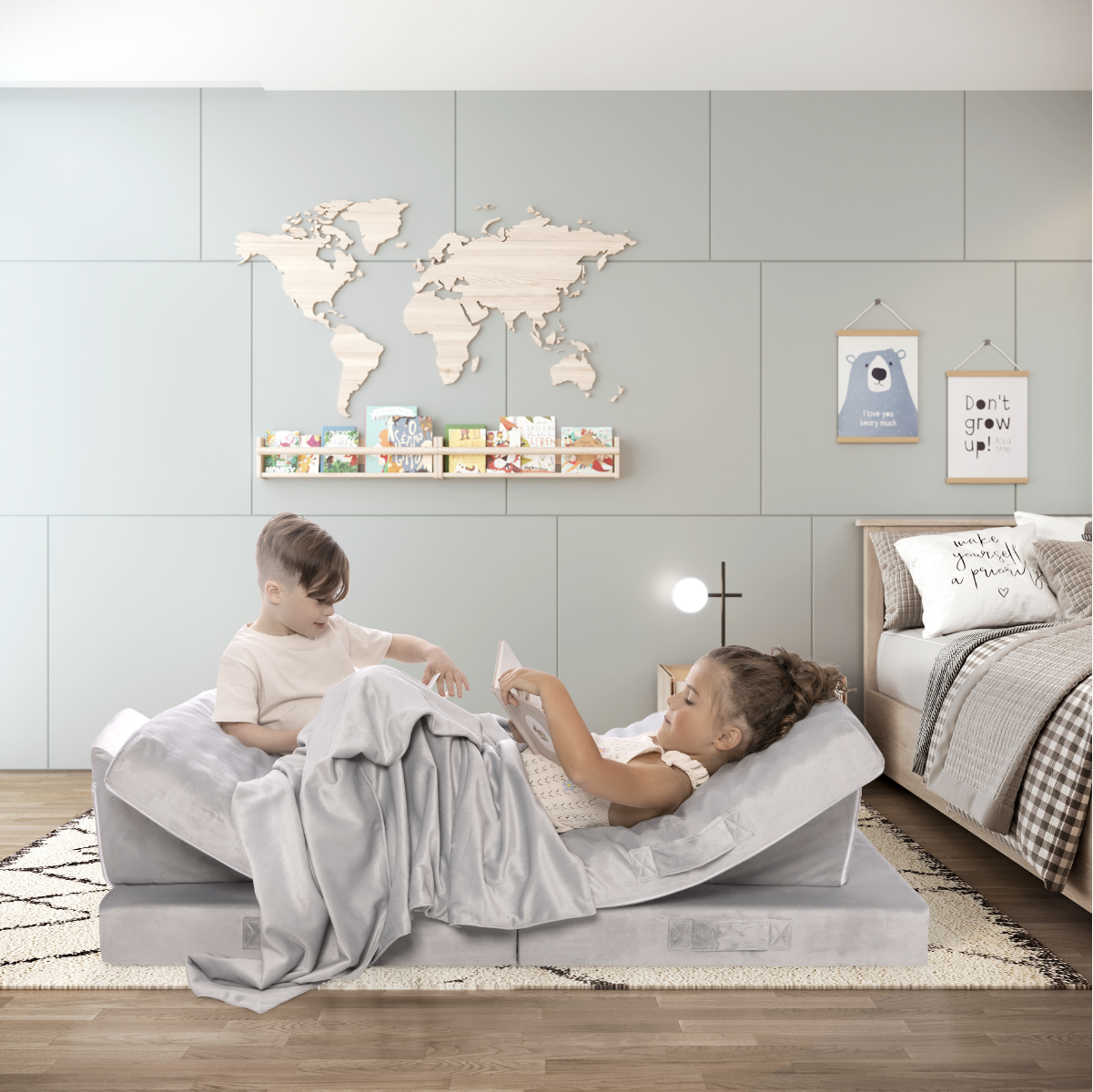 Milliard Kids and Toddler Modular Sofa Play Couch for Playroom and Bedroom Soft Washable Grey Velour Fabric with Bonus Blanket 52x30x20in