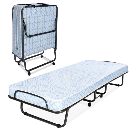 Milliard folding cot bed with 74-inch mattress, displayed folded and fully opened