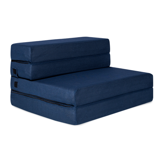 Navy Blue Milliard Tri-Fold Foam Folding Mattress Showing the Folded Structure and the Side Pocket